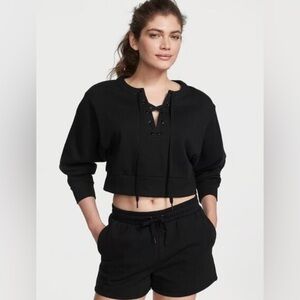Victoria’s Secret - Lace Up Cropped Crew Neck Black Sweatshirt